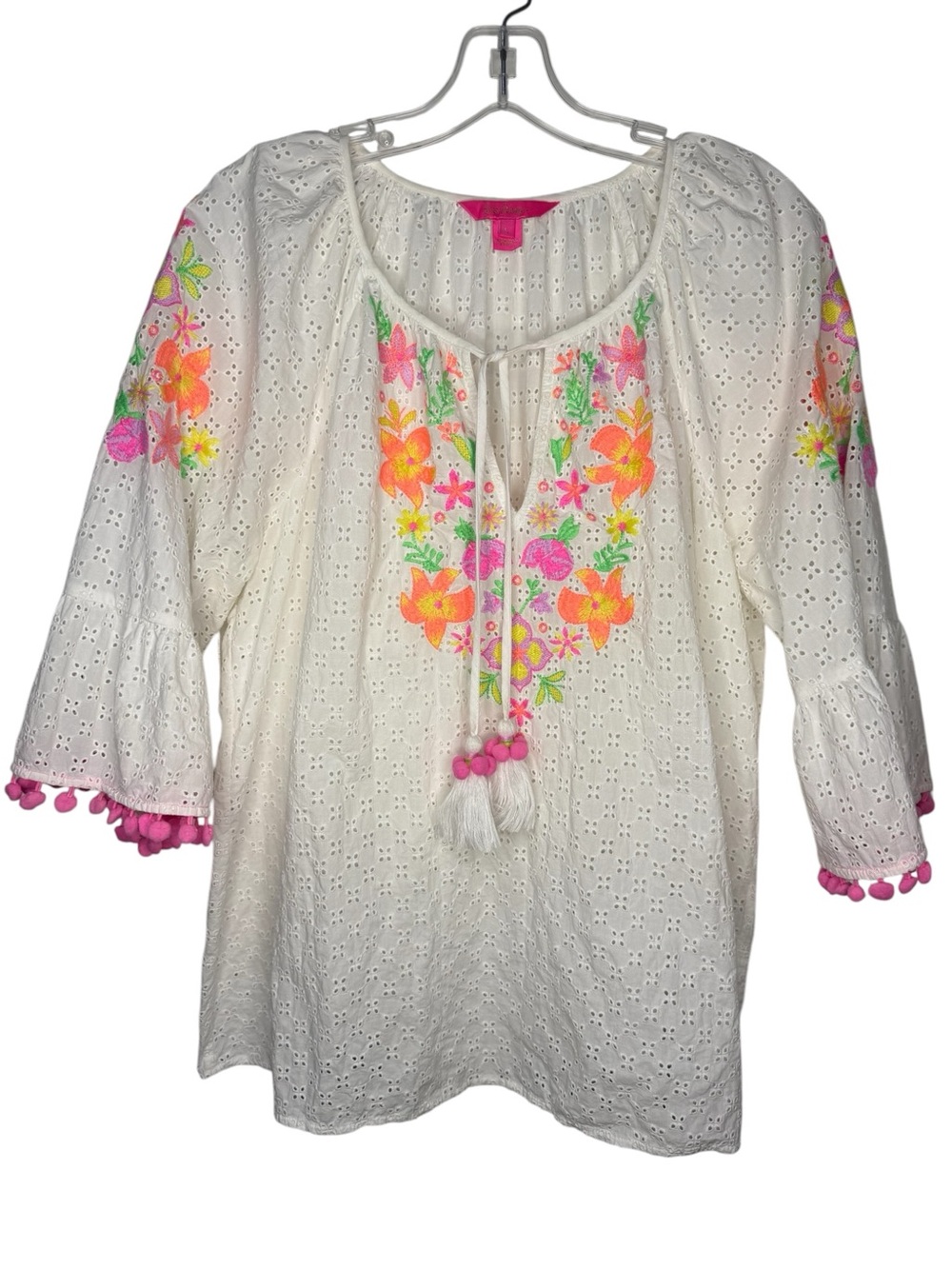 Lilly Pulitzer Morgain White Eyelet Top Pink Orange Floral Embroidery Large